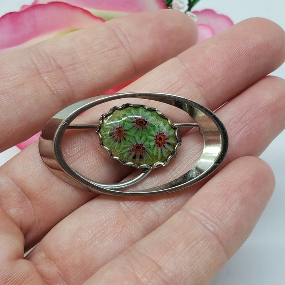 Vintage Green Murano Millefiori Venetian Glass Italian Pin Brooch Silver Tone - Picture 1 of 8
